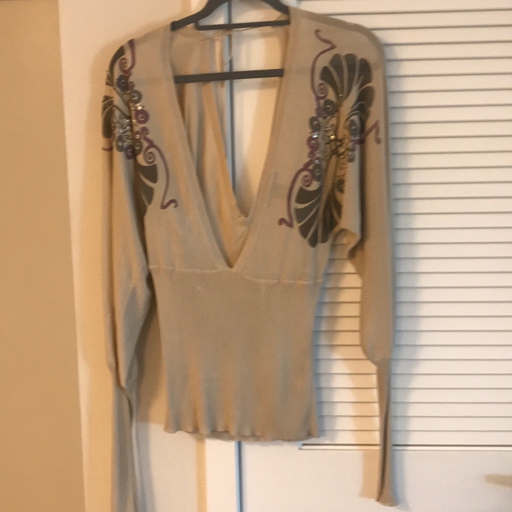 Arden B Tan Sweater with Printed Detail